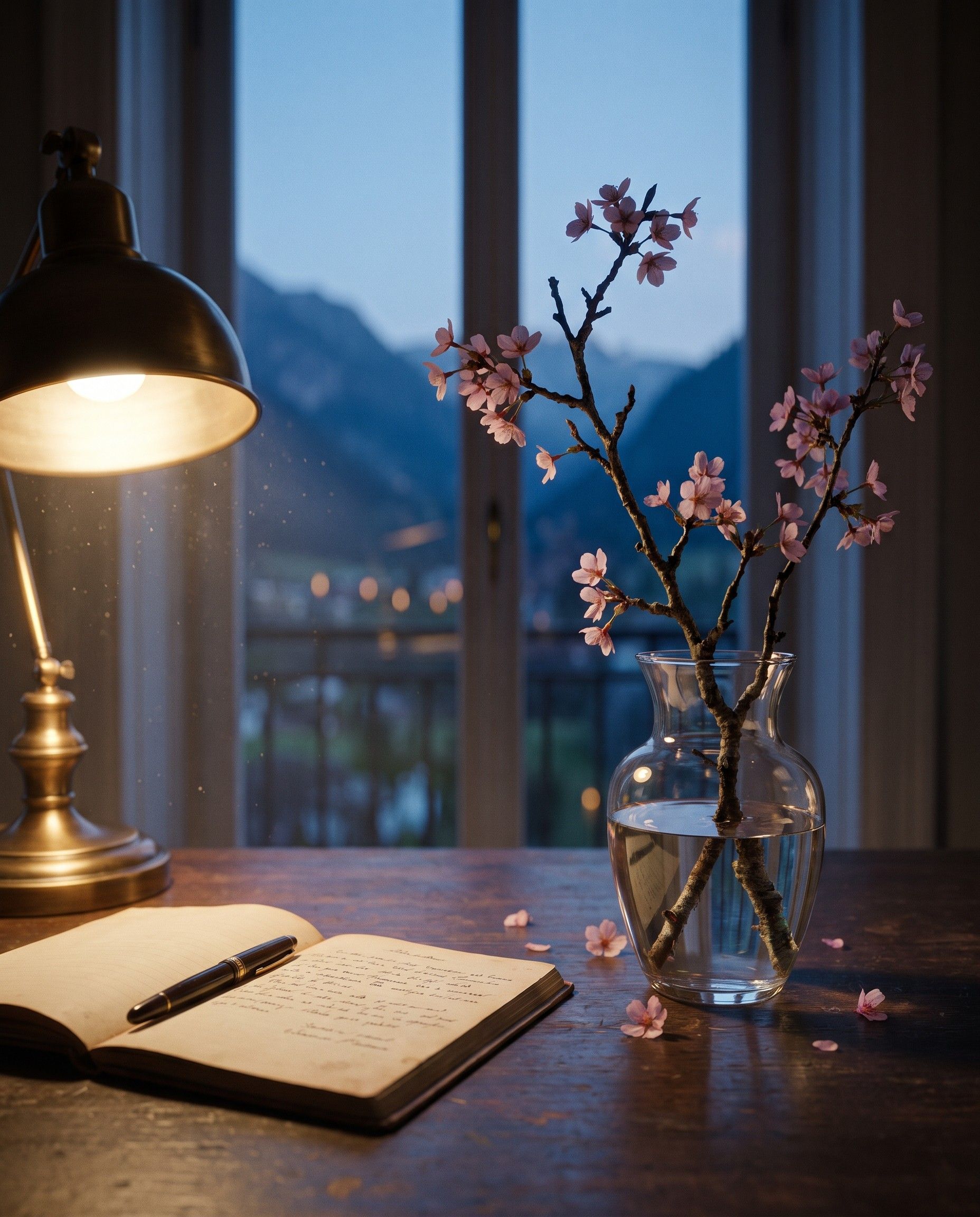 A cherry-blossom branch in a glass vase on a desk at dusk, beside an open notebook and a lamp