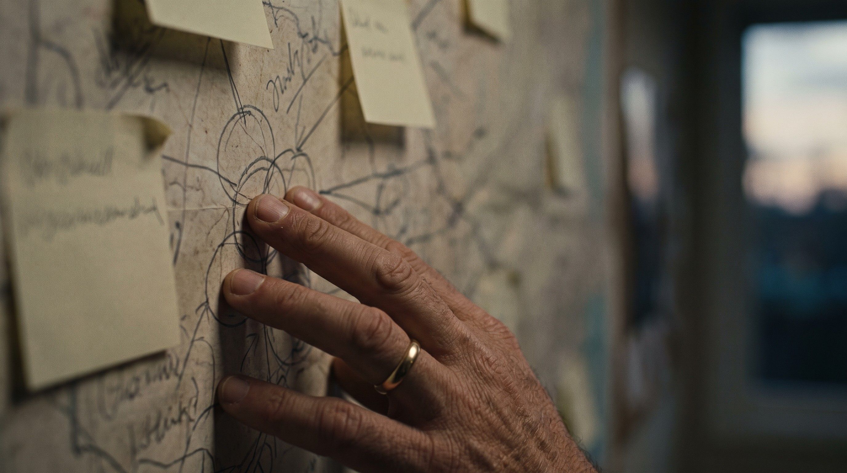 A hand resting on a hand-drawn map pinned to a wall