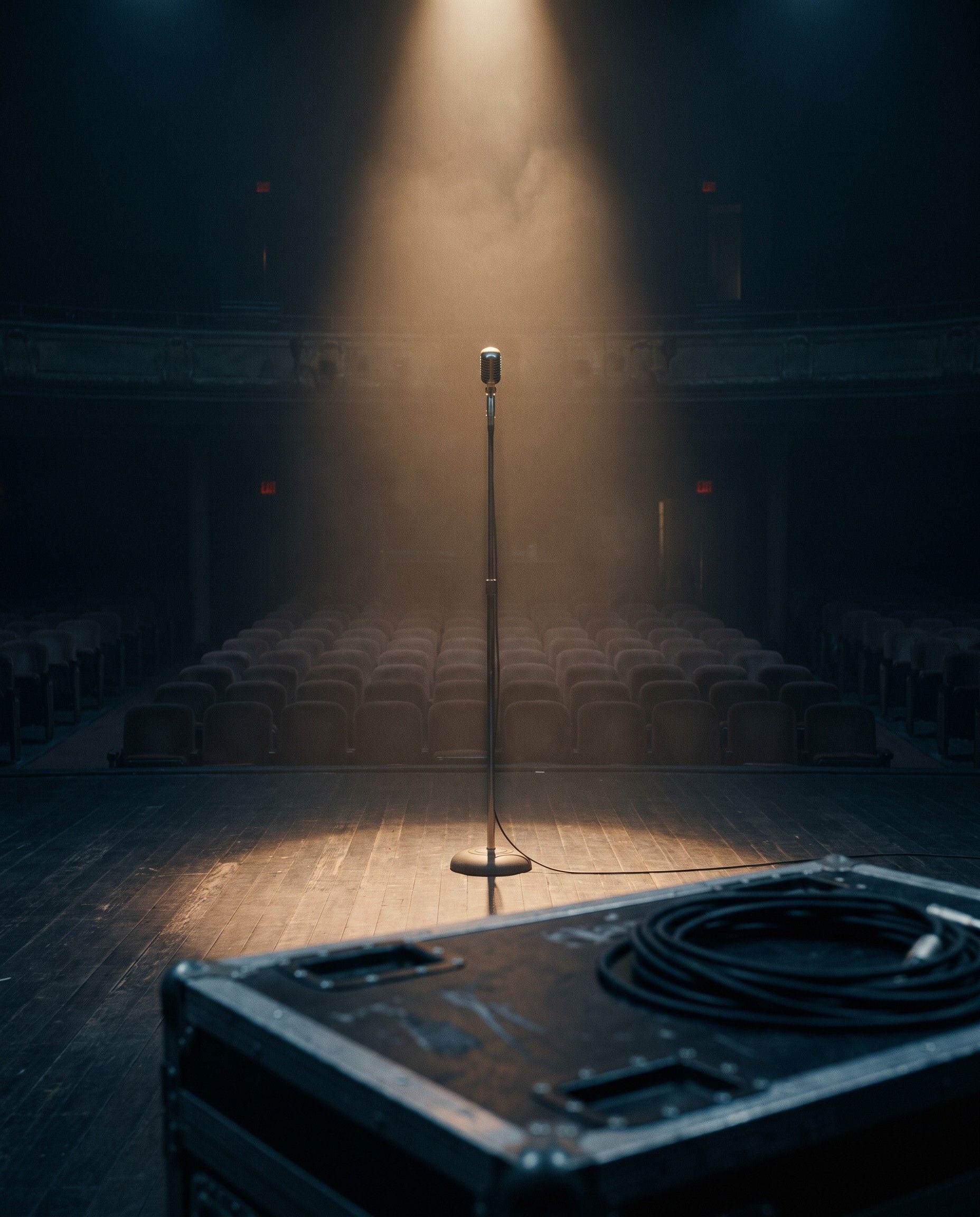 A microphone on an empty stage in a spotlight