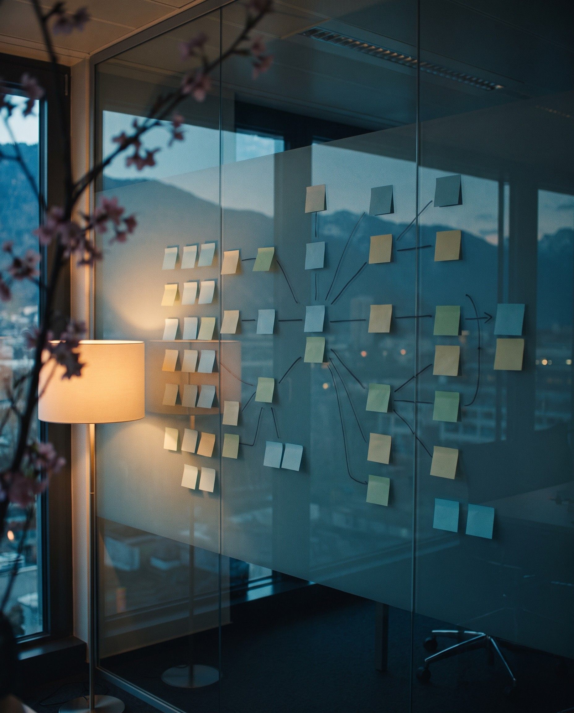 A glass wall covered in sticky notes and hand-drawn flow lines