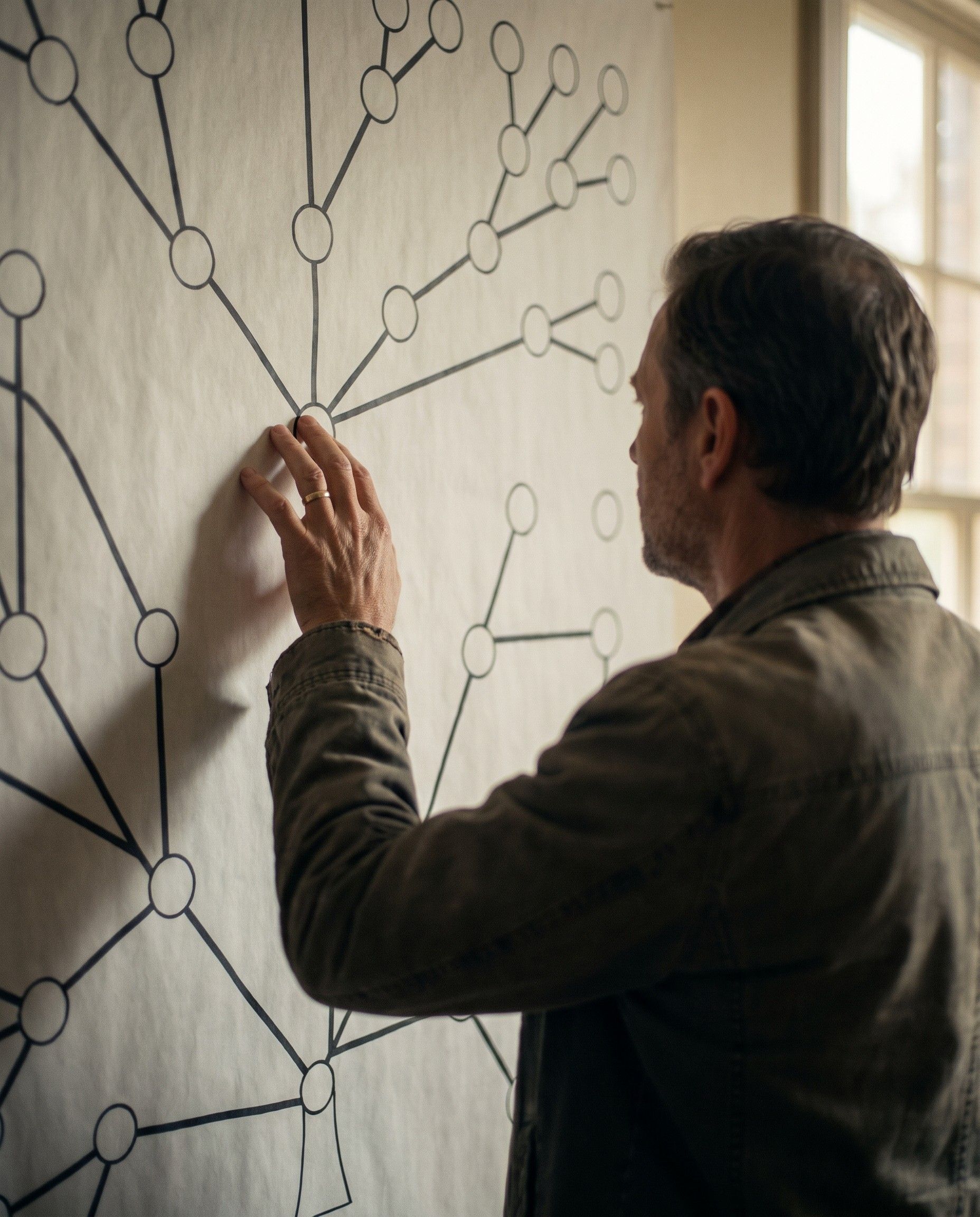 A founder touching a wall-sized tree diagram