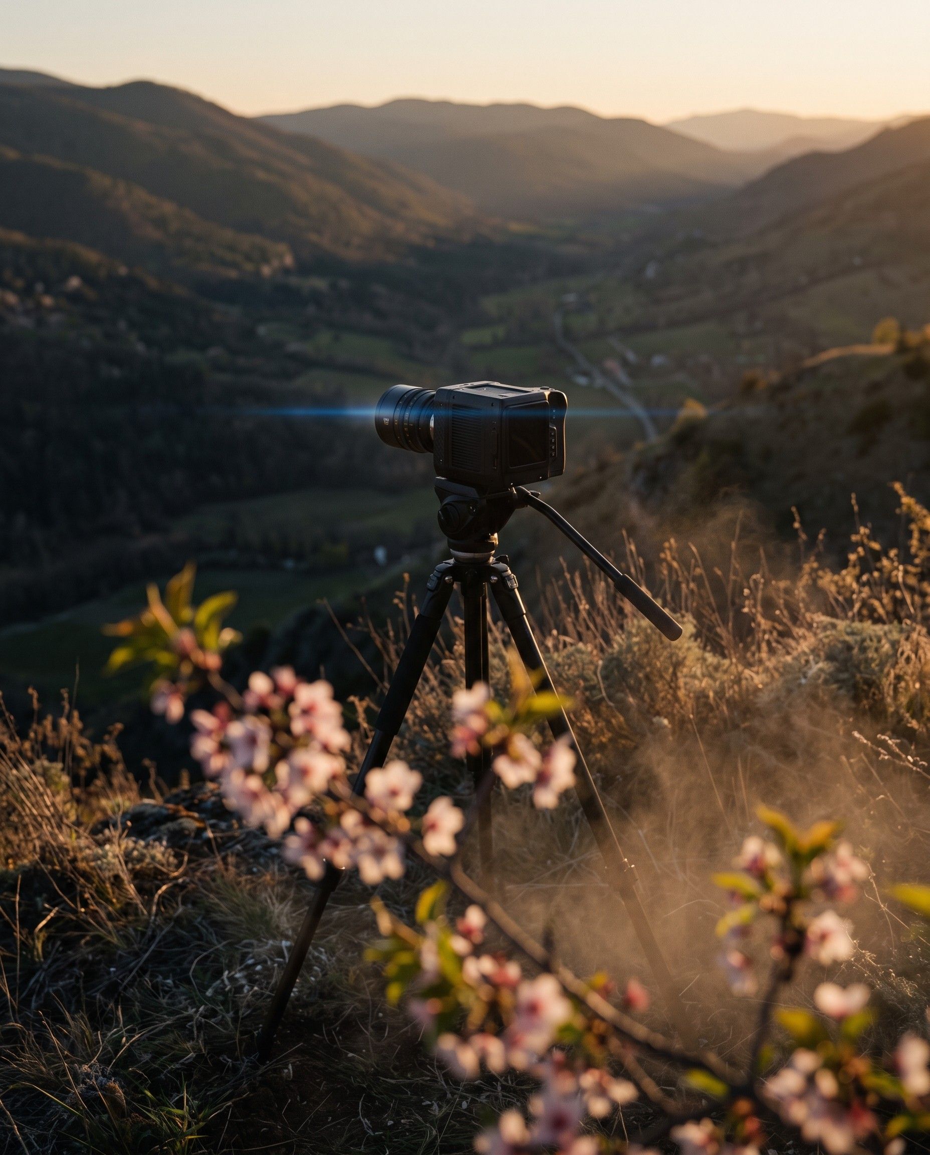 A cinema camera on a tripod facing a mountain valley at golden hour