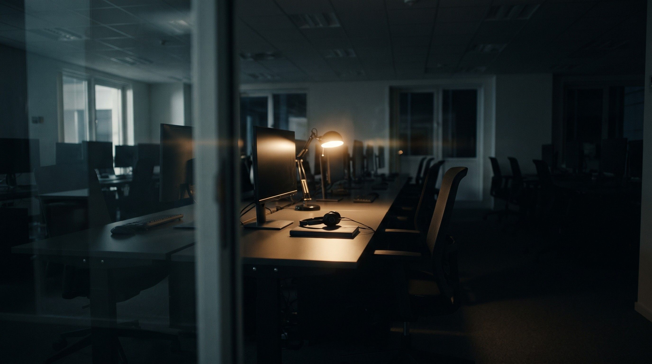 An empty sales floor at dusk with one desk lamp lit