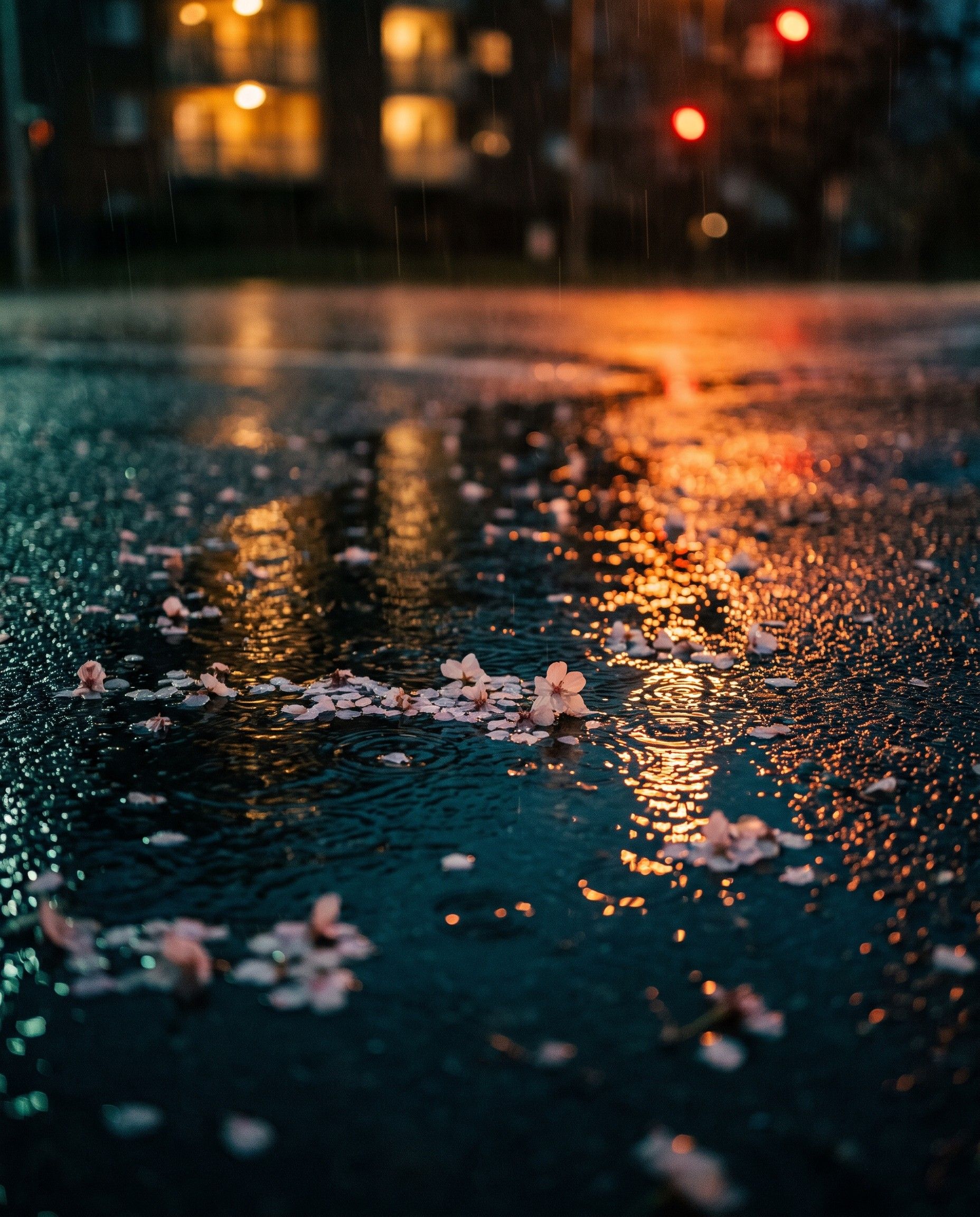 Cherry-blossom petals on wet asphalt reflecting orange lights